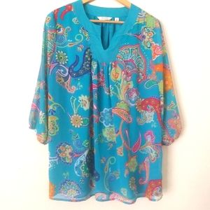 Liz Claiborne Paisley Tunic Top, Turquoise Blue with Multicolored Print